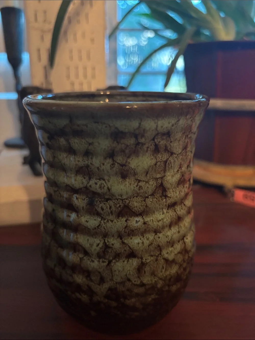 Handcrafted 20 oz Glazed Ceramic Mug in Green and Brown
